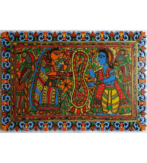 Madhubani Painting Depicting Krishna Marriages, Hand Painting, Modern Art, Horizontal Mounting 